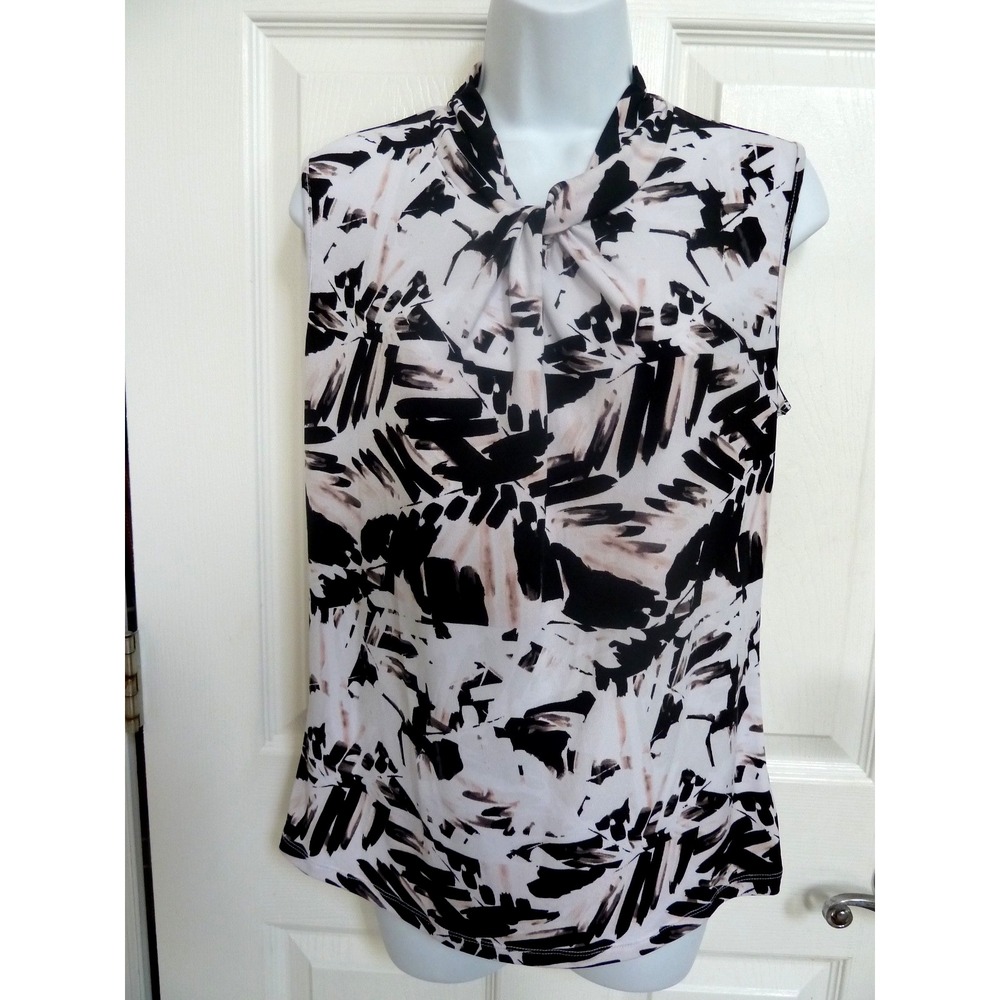 Tahari Women Abstract Knotted Neckline Sleeveless Career Blouse Coral Black M